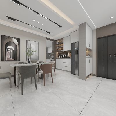 现代轻奢餐厅，进门玄关鞋柜，餐桌，冰箱酒柜一体柜，入户智能密码锁双开门