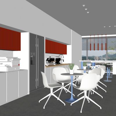 现代公司茶水间|圆桌|休闲单椅|绿植树木|双开门冰箱|咖啡机|打印机