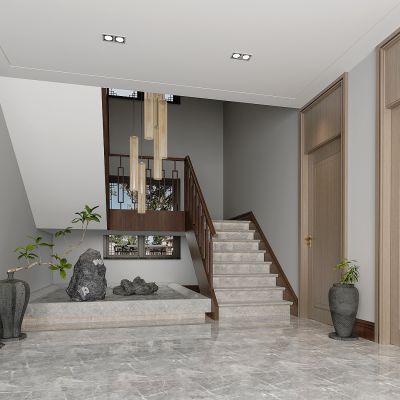 新中式楼梯间，楼梯间景观，U形楼梯扶手，室内通顶门，楼梯间吊灯，景观石