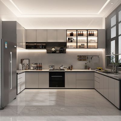 现代轻奢厨房，厨房橱柜，厨房用品，厨具，餐具，吊柜，地柜，双开门冰箱