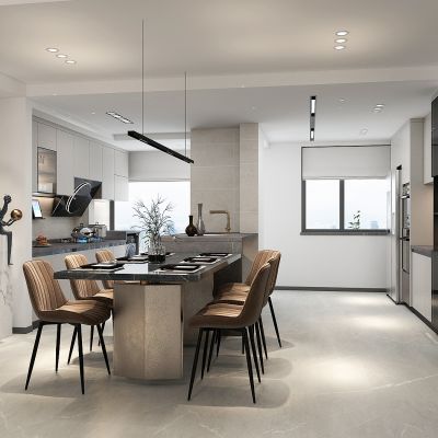 现代轻奢餐厅厨房，敞开式厨房，橱柜，厨具，冰箱一体柜，岛台餐桌