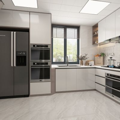 现代厨房，厨房用品，橱柜，冰箱，消毒柜，烤箱，油烟机，灶具，洗菜盆，餐具