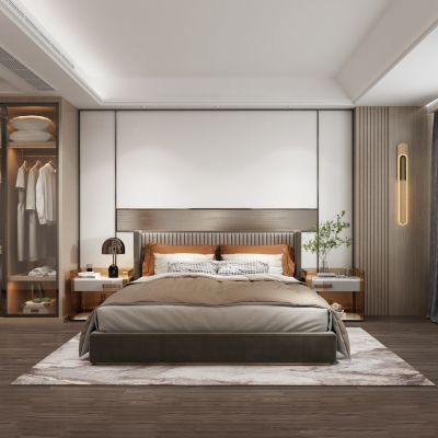 现代主卧卧室房间 床衣柜 壁灯 台灯 床头柜
