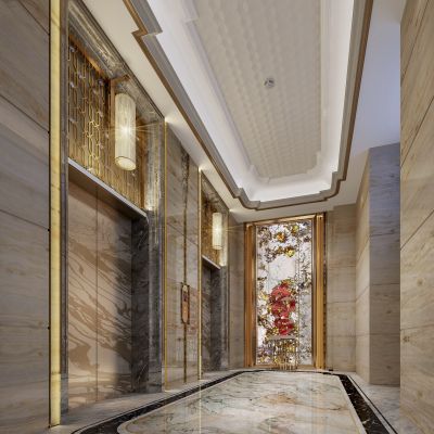 现代奢华酒店电梯厅3D模型