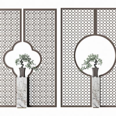 新中式绿植松树屏风隔断