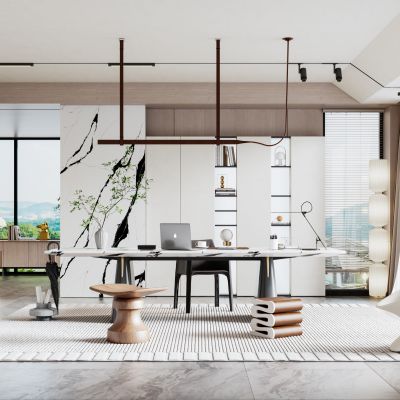 现代书房  书桌椅  吊灯  窗帘  休闲椅  装饰柜