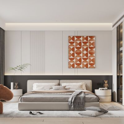 现代牛油风卧室主人房