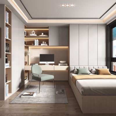 现代家居卧室，床头背景墙，双人床，衣柜，装饰摆件，台灯，花瓶植物