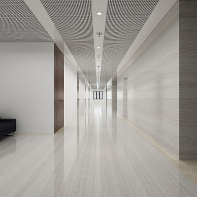 现代写字楼过道，办公室过道，走道，走廊，冲孔铝单板吊顶，消防喷淋头，烟感