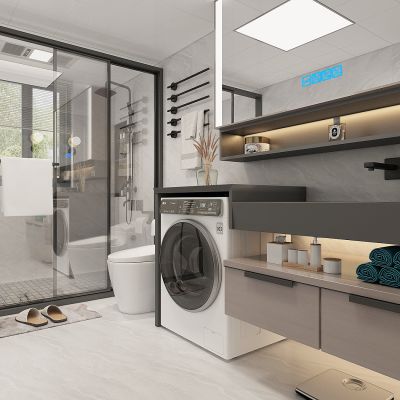 现代卫生间，浴室，卫浴用品，卫生洁具，淋浴房，浴室柜，洗衣机柜，花洒