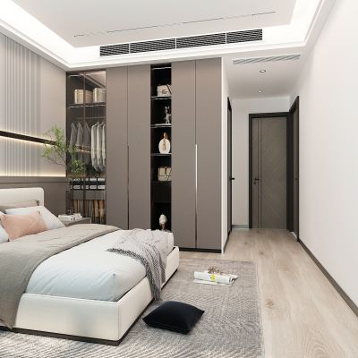 现代轻奢卧室，卧室床头背景墙，双人床，衣柜，无主灯卧室，空调出风口，室内门