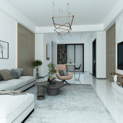 现代客餐厅，餐桌椅，沙发茶几组合，推拉门酒柜，隐形门电视背景墙，入户门