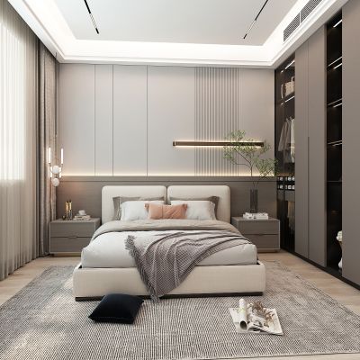 现代轻奢卧室，卧室床头背景墙，双人床，衣柜，储物柜，无主灯卧室