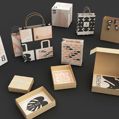 现代手提袋_纸盒_牛皮纸_包装盒_蝴蝶结_麻绳