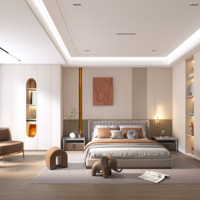 现代家居卧室 双人床 组合床头柜 摆件 墙板 无主灯