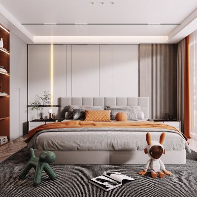 现代卧室，轻奢卧室，卧室，床，衣柜