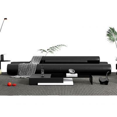 现代沙发茶几组合，植物，落地灯，水果，摆件