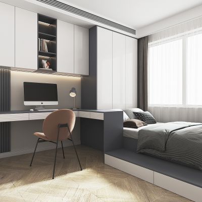 现代卧室，儿童卧室，榻榻米卧室，儿童房书柜，书桌，榻榻米床