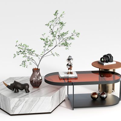 现代茶几组合，工艺品摆件，植物