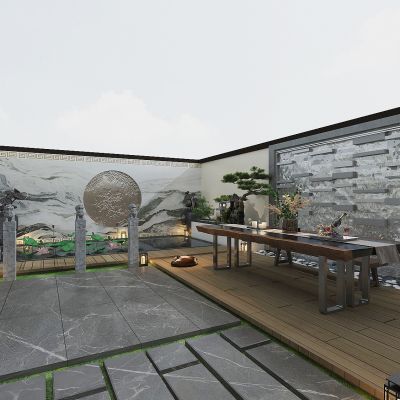 新中式别墅后院,院子,别墅露台，阳台，荷花景观池，院子背景墙，茶桌，迎客松