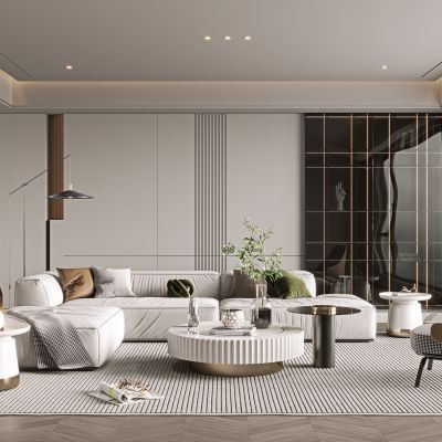 现代客厅，沙发茶几组合，楼梯，工艺品摆件