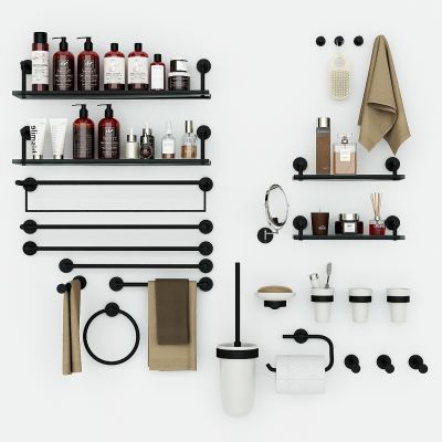 现代卫生间卫浴用品，浴室壁架洗涤用品，毛巾杆，毛巾架，沐浴露，洗发水