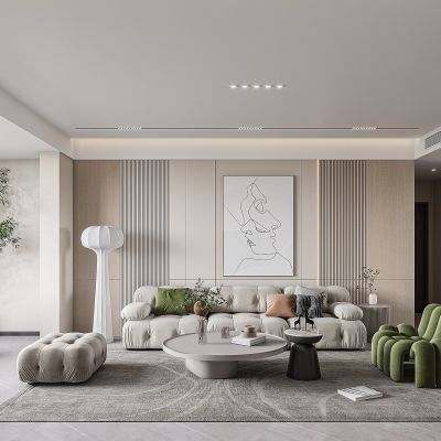 现代客餐厅，沙发茶几组合，餐桌椅组合，阳台洗衣机柜，酒柜，植物