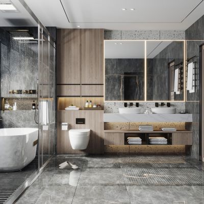 现代卫生间 洗手台 衣柜 台盆 挂壁马桶