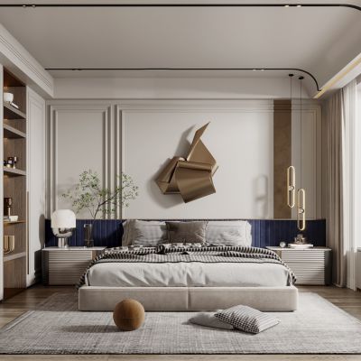 简欧家居卧室 双人布艺床 墙饰 床头柜 吊顶 衣柜