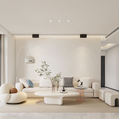 现代客餐厅，沙发茶几组合，餐桌椅组合，酒柜，卧室