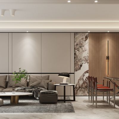 现代客餐厅，沙发茶几组合，餐桌椅组合，阳台洗衣机柜，酒柜，卧室