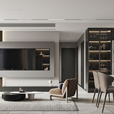 现代客餐厅，沙发茶几组合，餐桌椅组合，鞋柜，酒柜