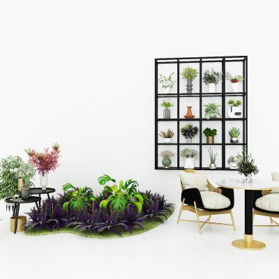 现代庭院绿植，植物堆，盆栽，置物架，货架，休闲桌椅，盆栽架，阳台休息桌椅