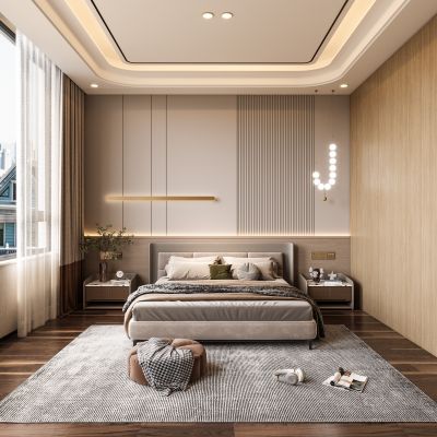 现代卧室 ，书房，双人床，书桌椅组合，书柜，休闲椅