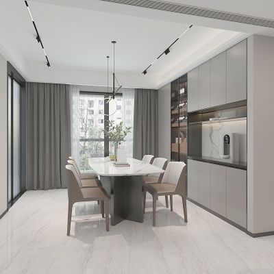 现代家居餐厅，餐桌，餐厅吊顶，线性轨道灯，酒柜，储物柜