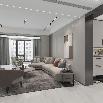 现代轻奢无主灯客厅，线性轨道灯，沙发背景墙，沙发茶几组合，进门玄关鞋柜