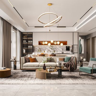 现代客餐厅，中岛餐桌椅组合，沙发茶几组合，鞋柜，酒柜，吊灯，雕塑摆件