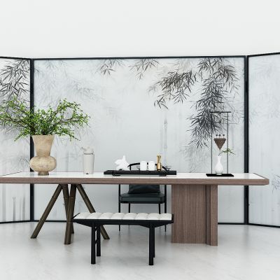 新中式屏风隔断，水墨画屏风，茶桌，茶台，写字台，书法台