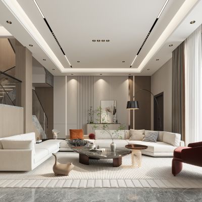 现代别墅客餐厅，沙发茶几组合，中岛餐桌椅组合，酒柜