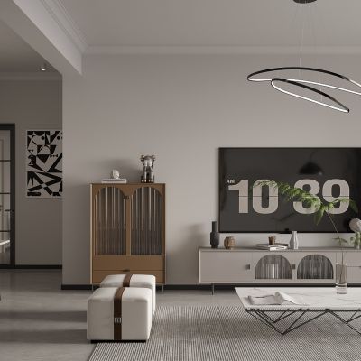 现代客餐厅，沙发茶几组合，餐桌椅组合，吊灯，电视柜