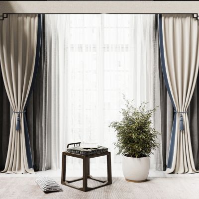 新中式窗帘 盆栽
