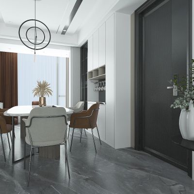 现代进门餐厅，餐桌，酒柜，餐厅小吊灯，入户门，防盗门，进门玄关，边几