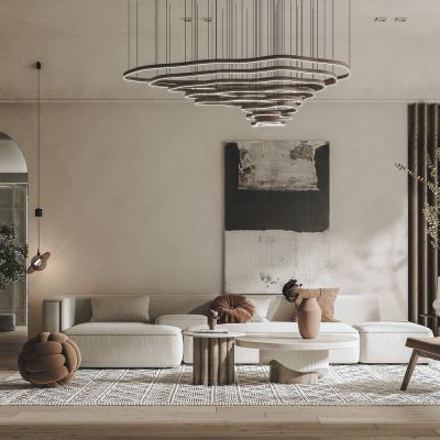 侘寂家居客厅 挂画 沙发茶几组合 地毯 休闲椅