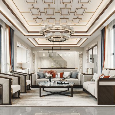 轻奢新中式复式客餐厅,沙发茶几组合，餐桌椅组合，吊灯，酒柜，鞋柜，楼梯，橱柜