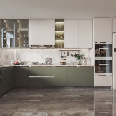 现代家居开放厨房 橱柜 厨具 冰箱