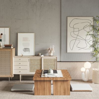 日式榻榻米茶室 柜子 陈设品 植物 地毯