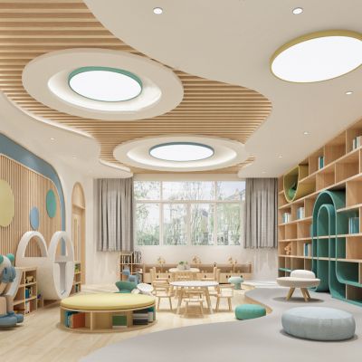 现代幼儿园阅读室 娱乐室 书柜 儿童桌椅