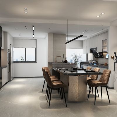 现代敞开式厨房，橱柜，中岛台餐桌，消毒柜，酒柜，冰箱柜，入户防盗门