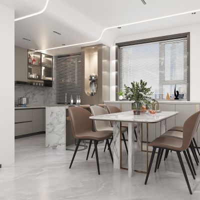 现代轻奢厨房餐厅，敞开式厨房，橱柜，吧台，餐桌，餐边地柜，无主线性灯餐厅