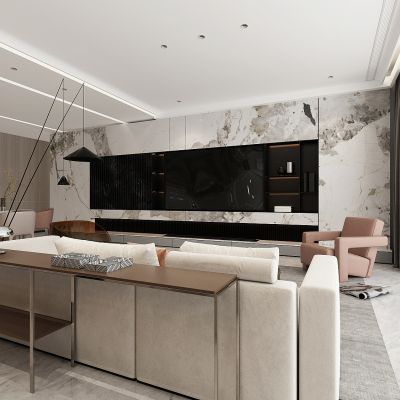 现代别墅客厅，无主灯客厅，电视背景墙，餐桌，沙发茶几组合，案几，条桌